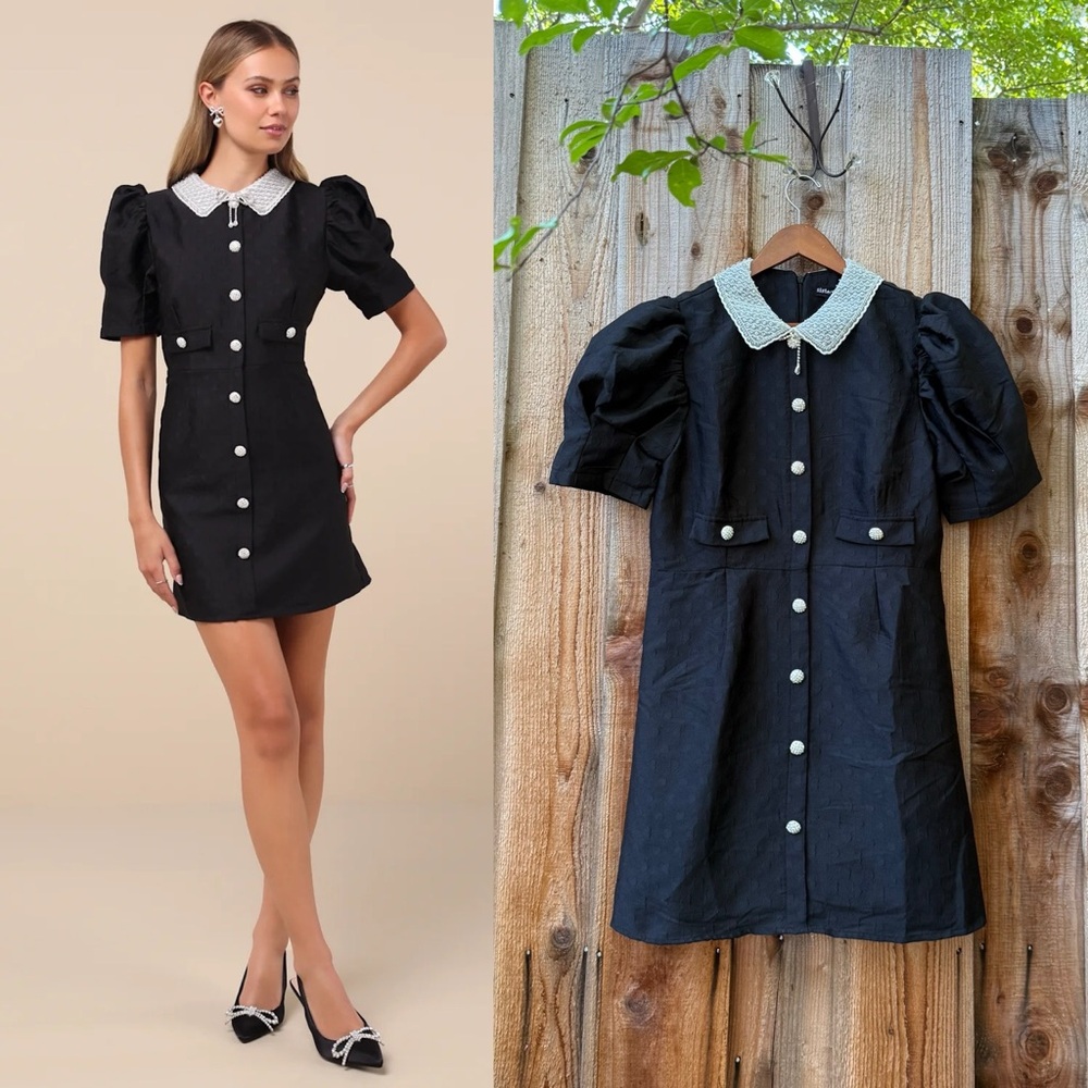 Sister Jane Black Jacquard Bead Peter-Pan Collar Puff Sleeve Mini Dress 🌿